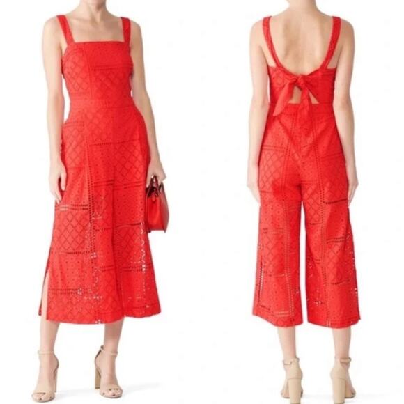 Parker Ashton Sleeveless Tie-Back Eyelet Crop Red Jumpsuit - Picture 1 of 11